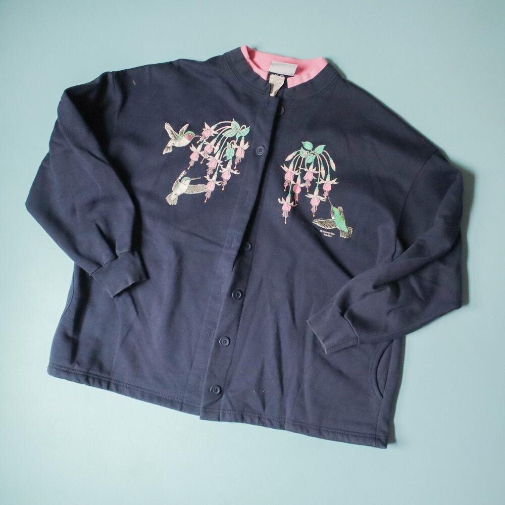 Morning Sun Vintage 90s Humminbird Button Sweatshirt Jacket Womens XL USA Made